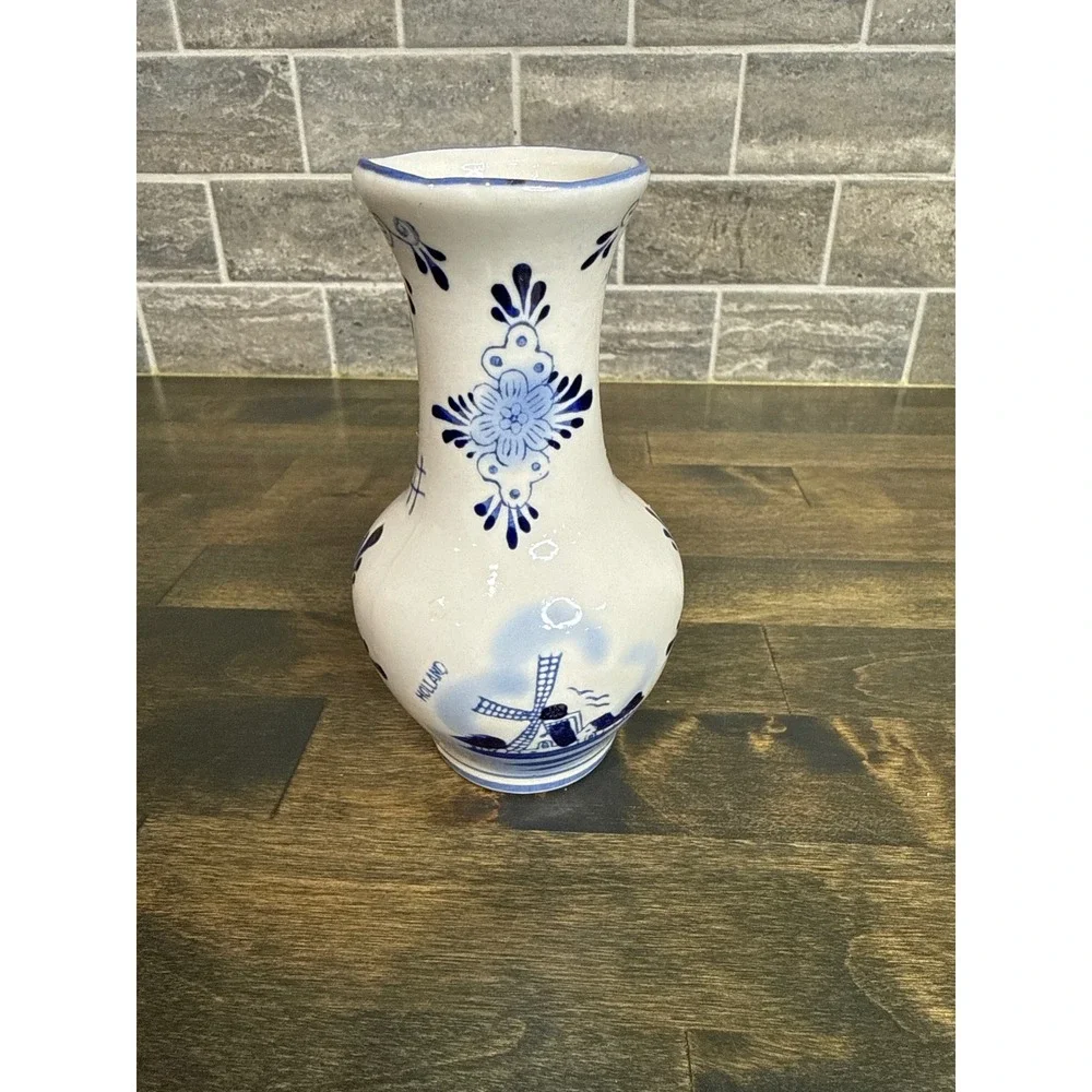 Delfts Blauw Handpainted Holland Bud Vase Blue White Windmill Floral 5